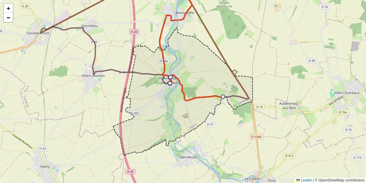 Carte du réseau de transport en commun à Honnecourt-sur-Escaut - lignes de bus et arrêts