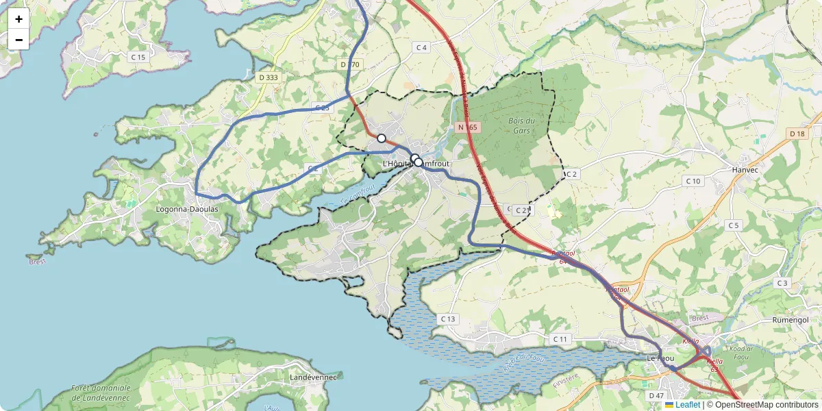 Carte du réseau de transport en commun à Hôpital-Camfrout - lignes de bus et arrêts