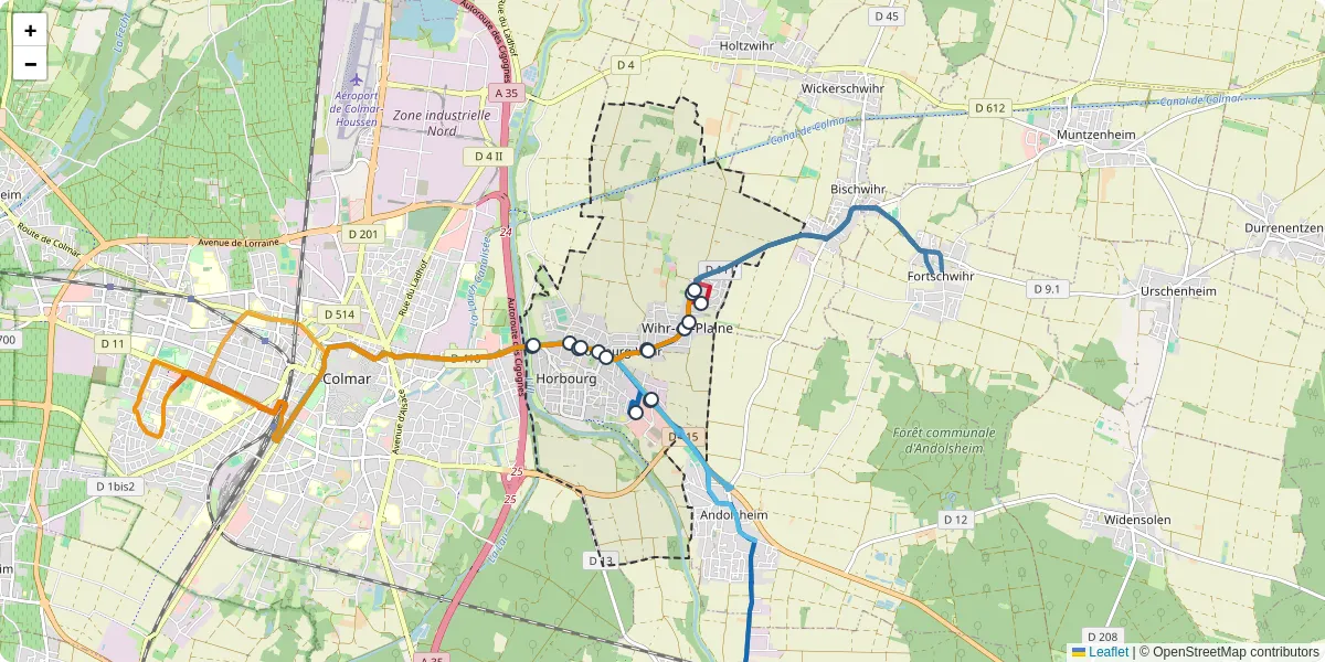 Carte du réseau de transport en commun à Horbourg-Wihr - lignes de bus et arrêts