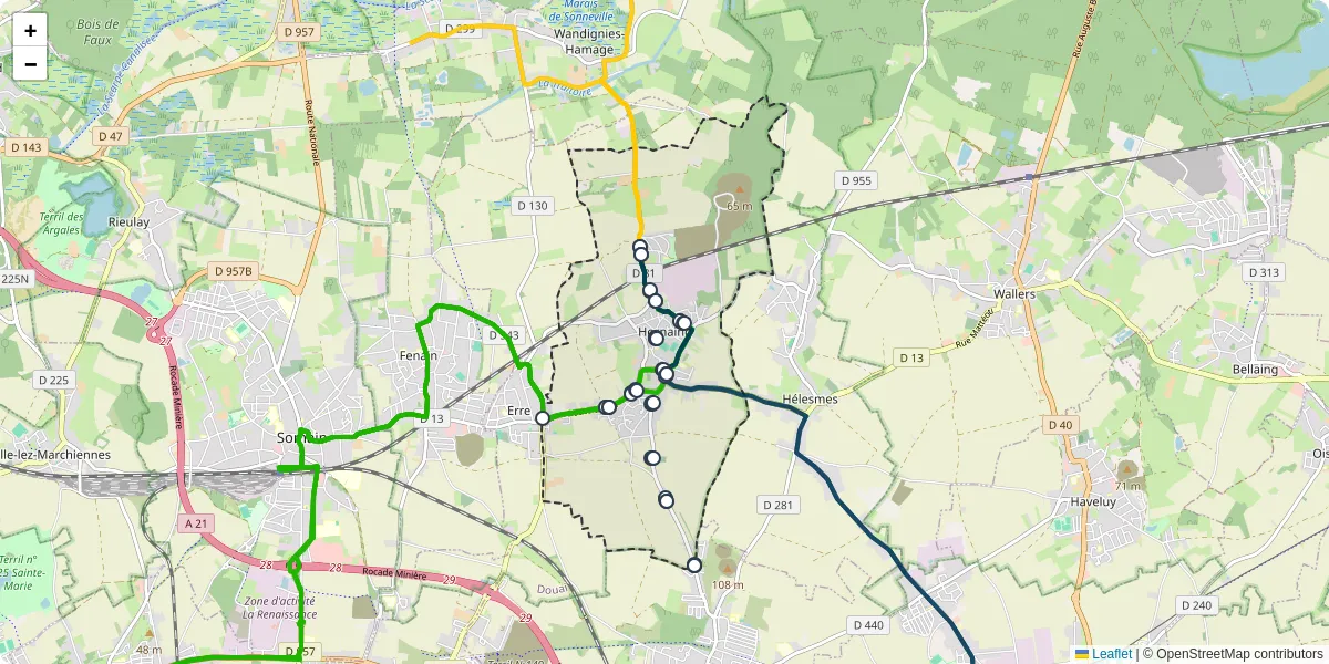 Carte du réseau de transport en commun à Hornaing - lignes de bus et arrêts