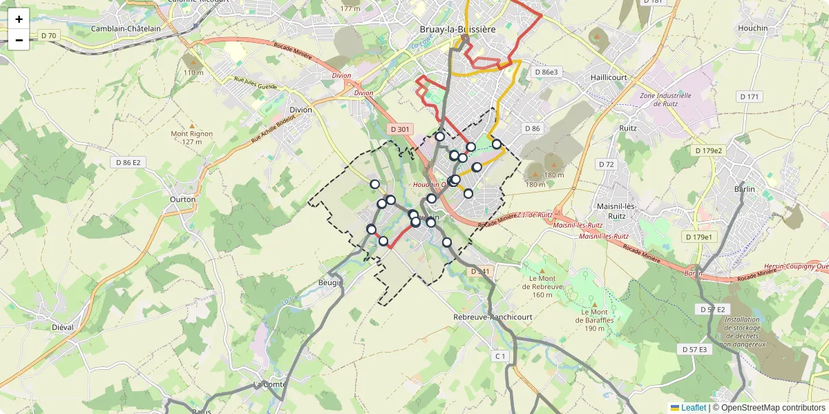 Carte du réseau de transport en commun à Houdain - lignes de bus et arrêts