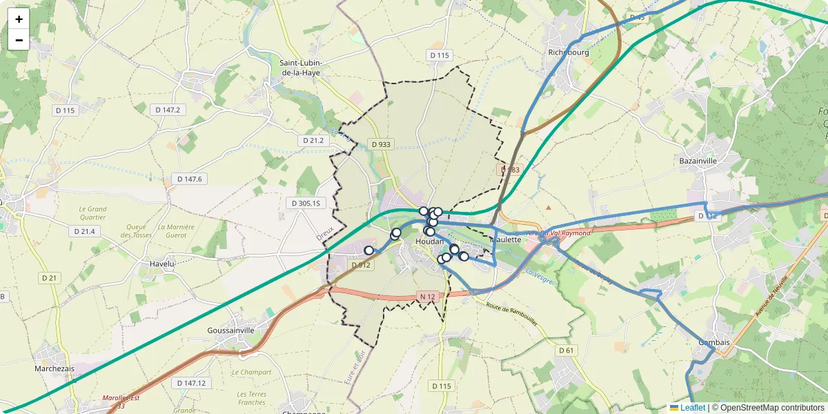 Carte du réseau de transport en commun à Houdan - lignes de bus et arrêts