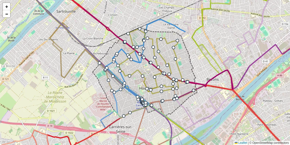 Carte du réseau de transport en commun à Houilles - lignes de bus et arrêts