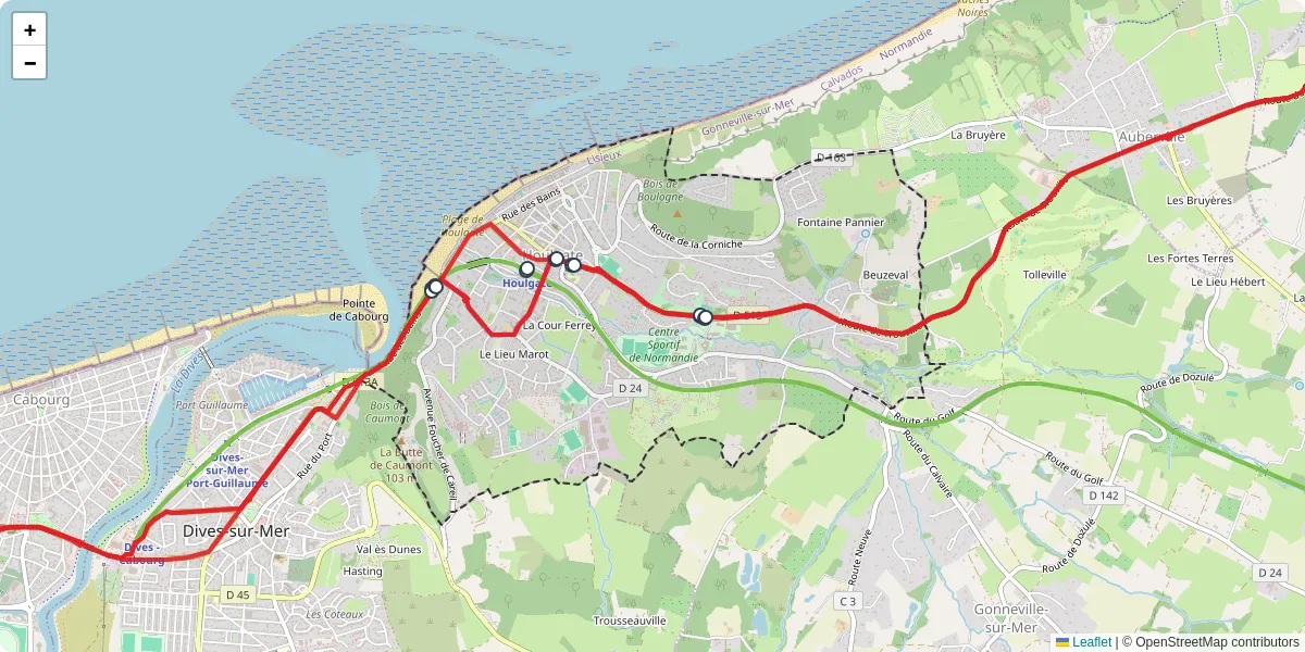 Carte du réseau de transport en commun à Houlgate - lignes de bus et arrêts