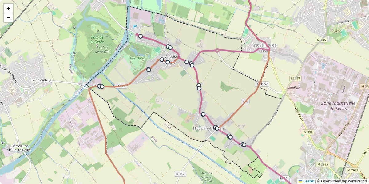 Carte du réseau de transport en commun à Houplin-Ancoisne - lignes de bus et arrêts