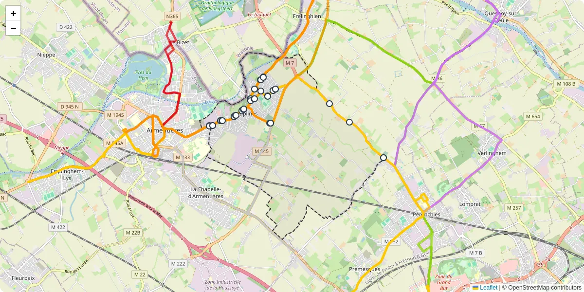 Carte du réseau de transport en commun à Houplines - lignes de bus et arrêts