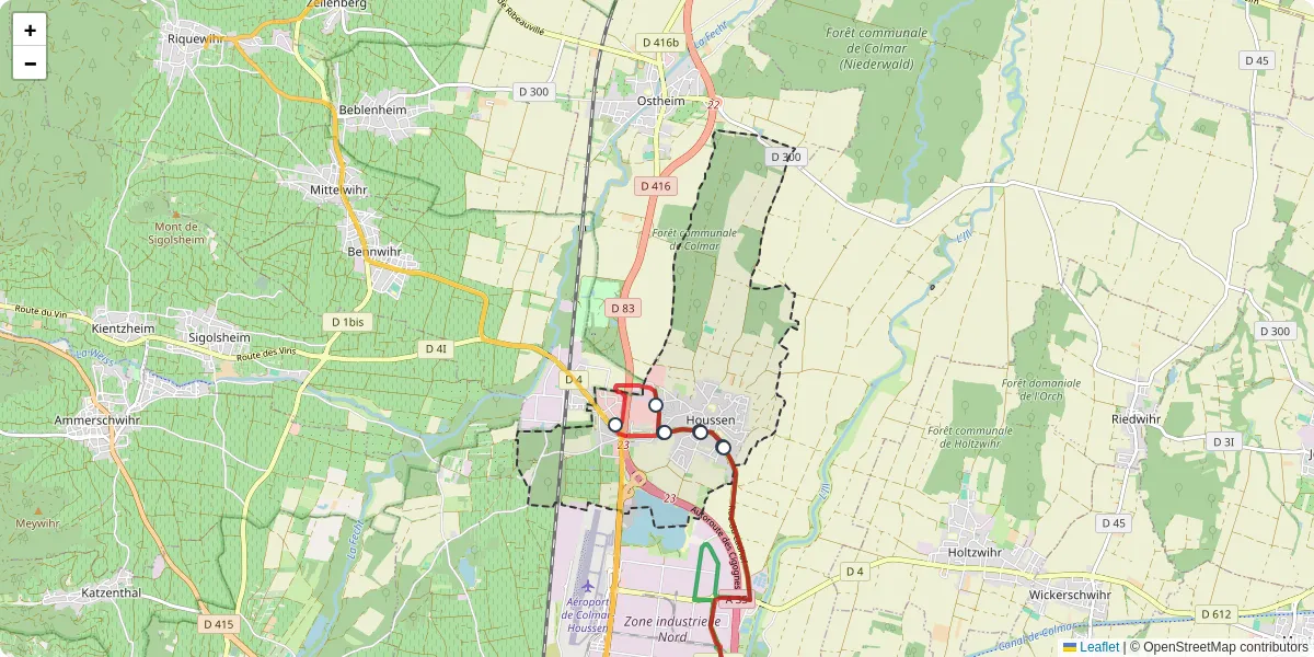Carte du réseau de transport en commun à Houssen - lignes de bus et arrêts