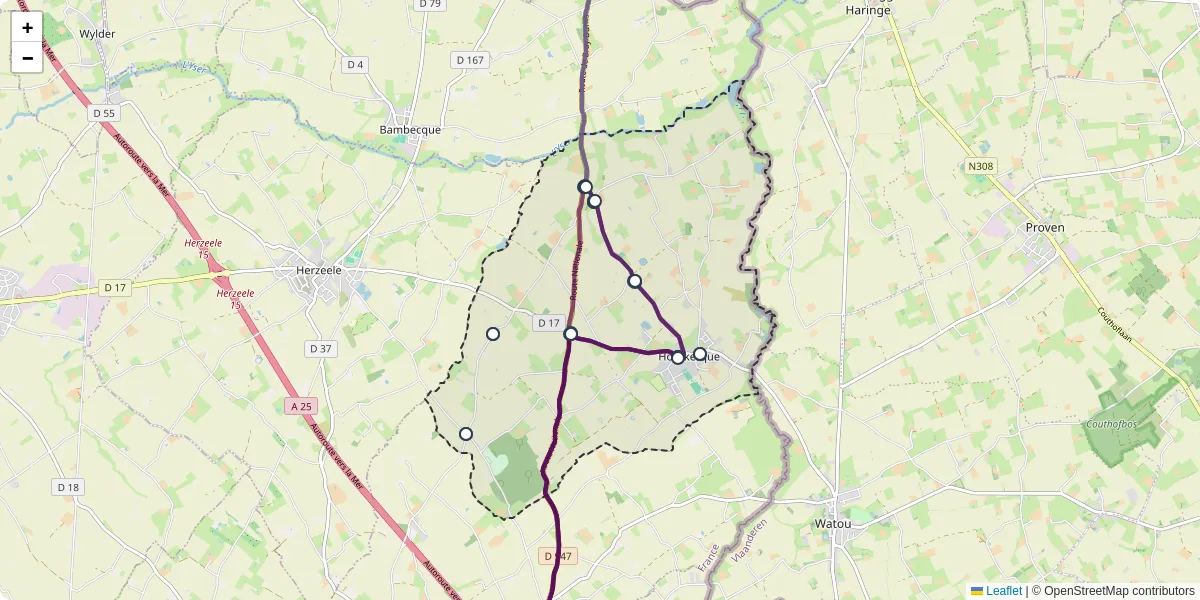 Carte du réseau de transport en commun à Houtkerque - lignes de bus et arrêts
