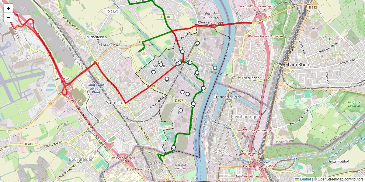 Carte du réseau de transport en commun à Huningue - lignes de bus et arrêts
