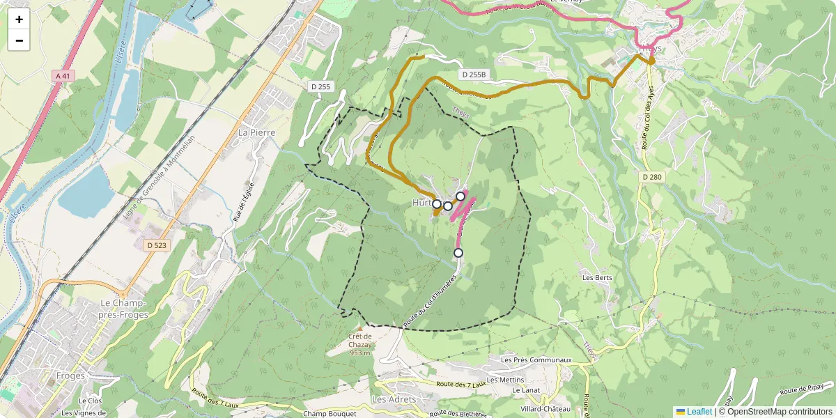Carte du réseau de transport en commun à Hurtières - lignes de bus et arrêts