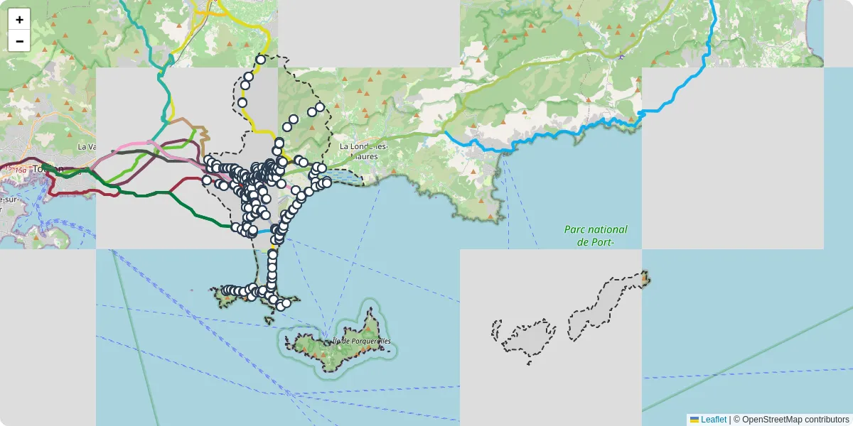 Carte du réseau de transport en commun à Hyères - lignes de bus et arrêts