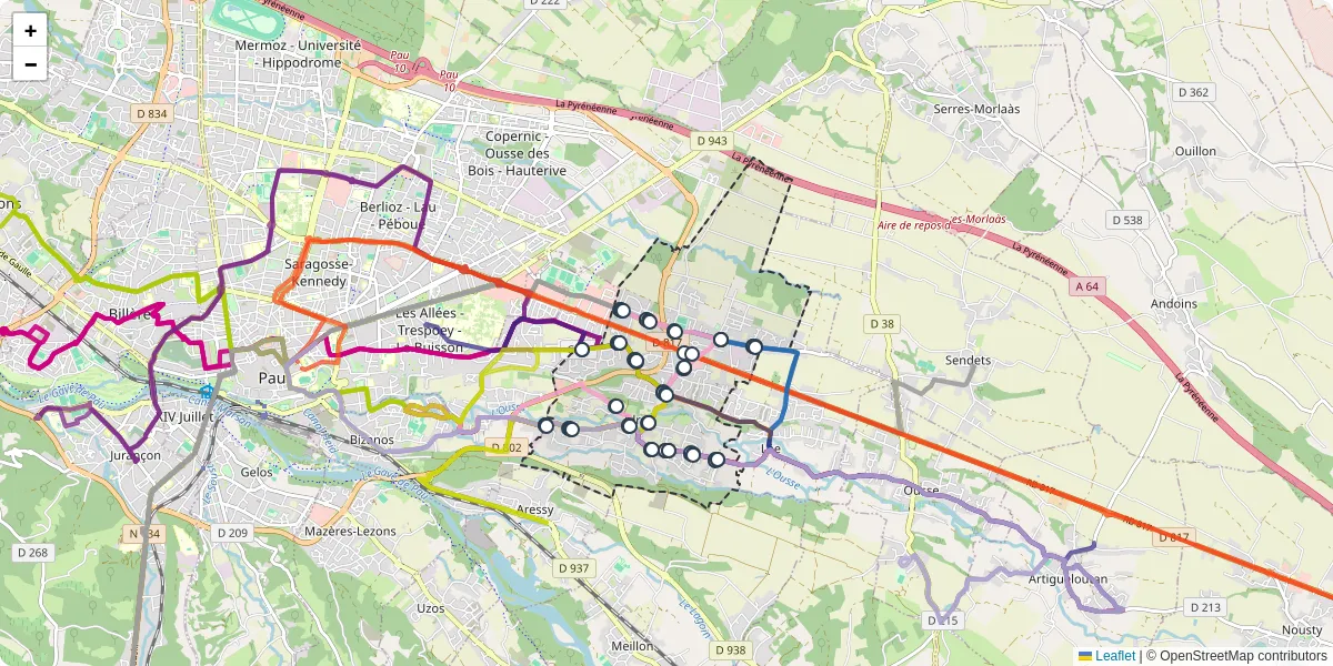 Carte du réseau de transport en commun à Idron - lignes de bus et arrêts