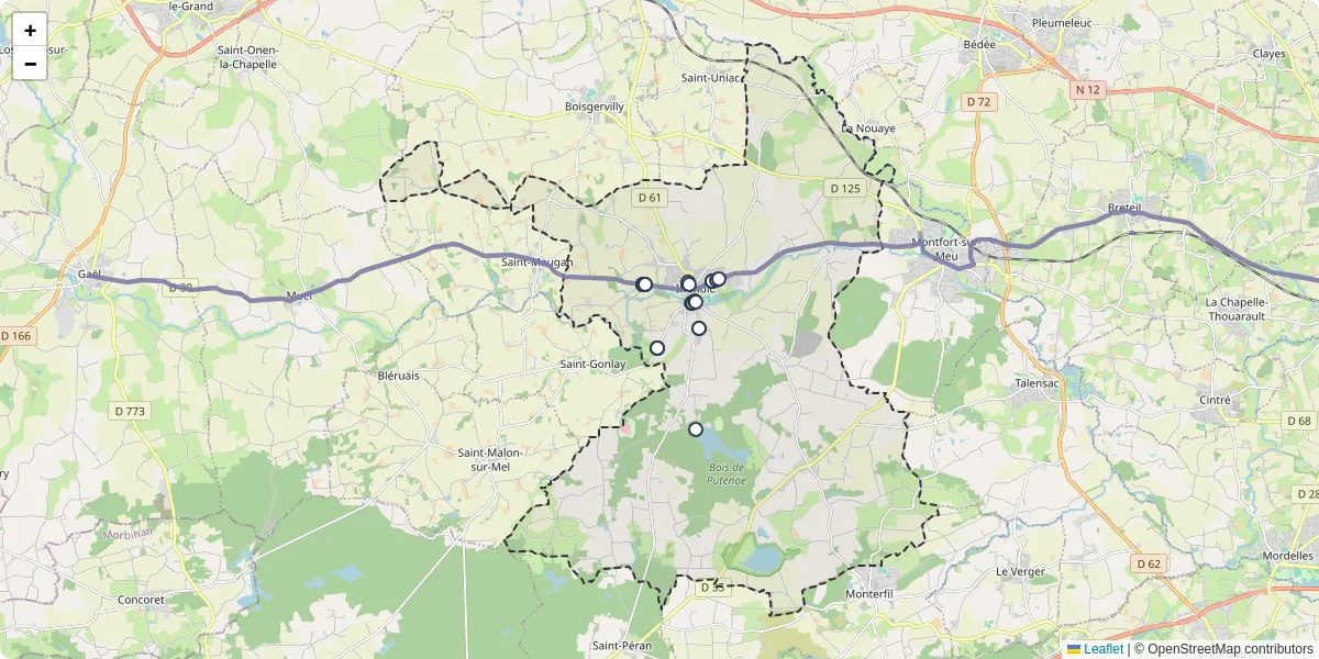 Carte du réseau de transport en commun à Iffendic - lignes de bus et arrêts