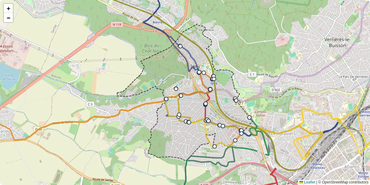 Carte du réseau de transport en commun à Igny - lignes de bus et arrêts
