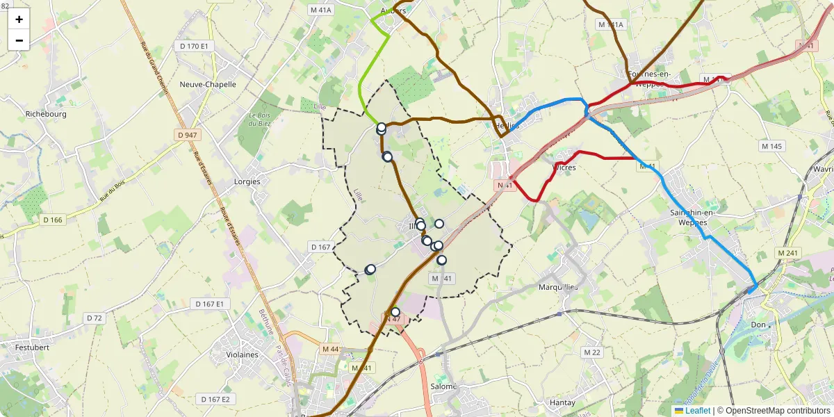 Carte du réseau de transport en commun à Illies - lignes de bus et arrêts