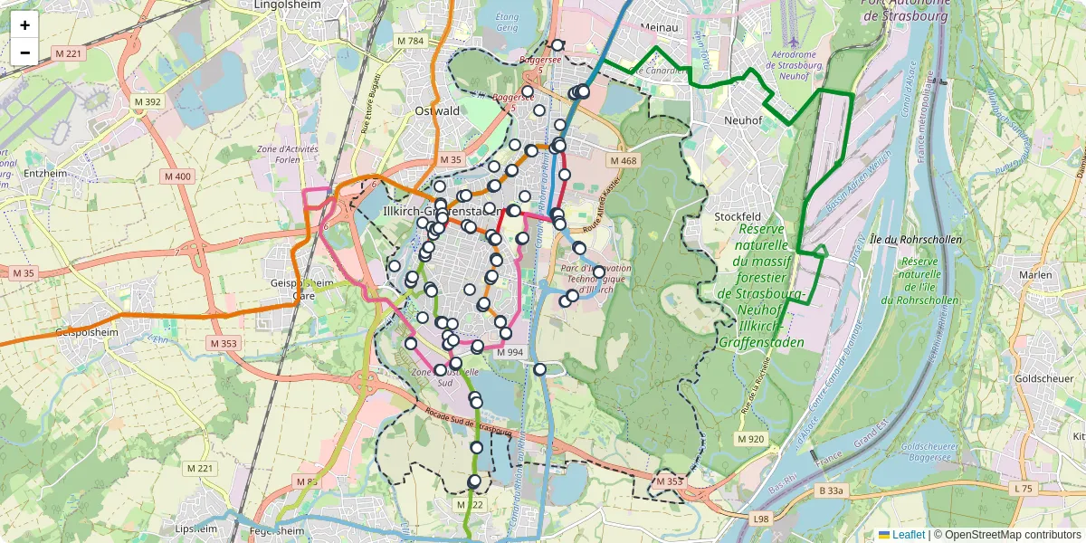 Carte du réseau de transport en commun à Illkirch-Graffenstaden - lignes de bus et arrêts