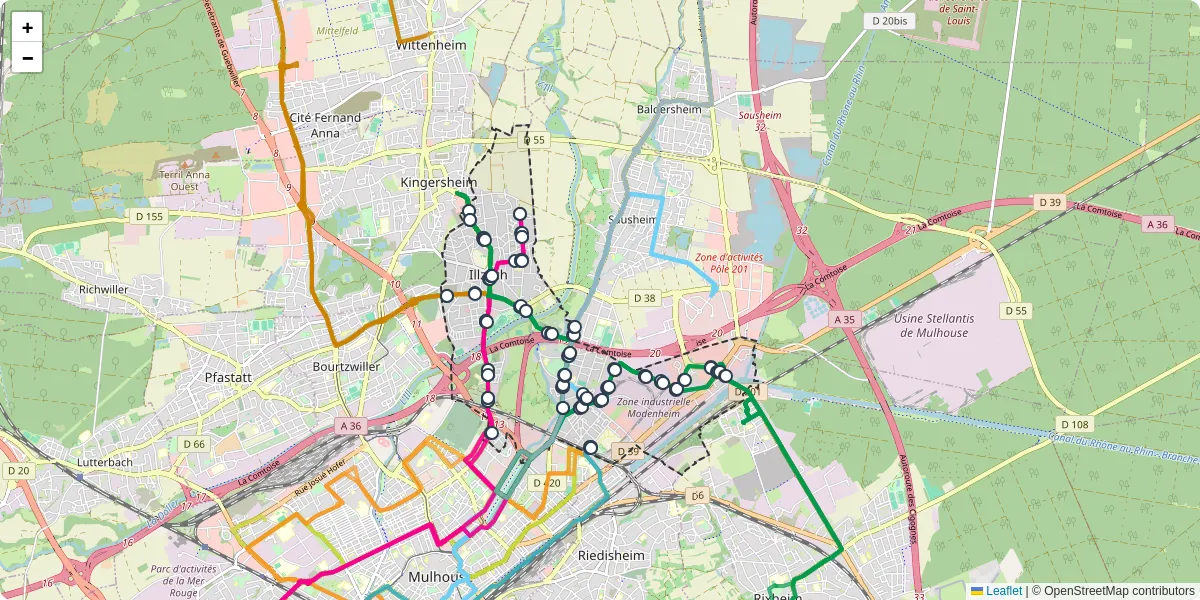 Carte du réseau de transport en commun à Illzach - lignes de bus et arrêts