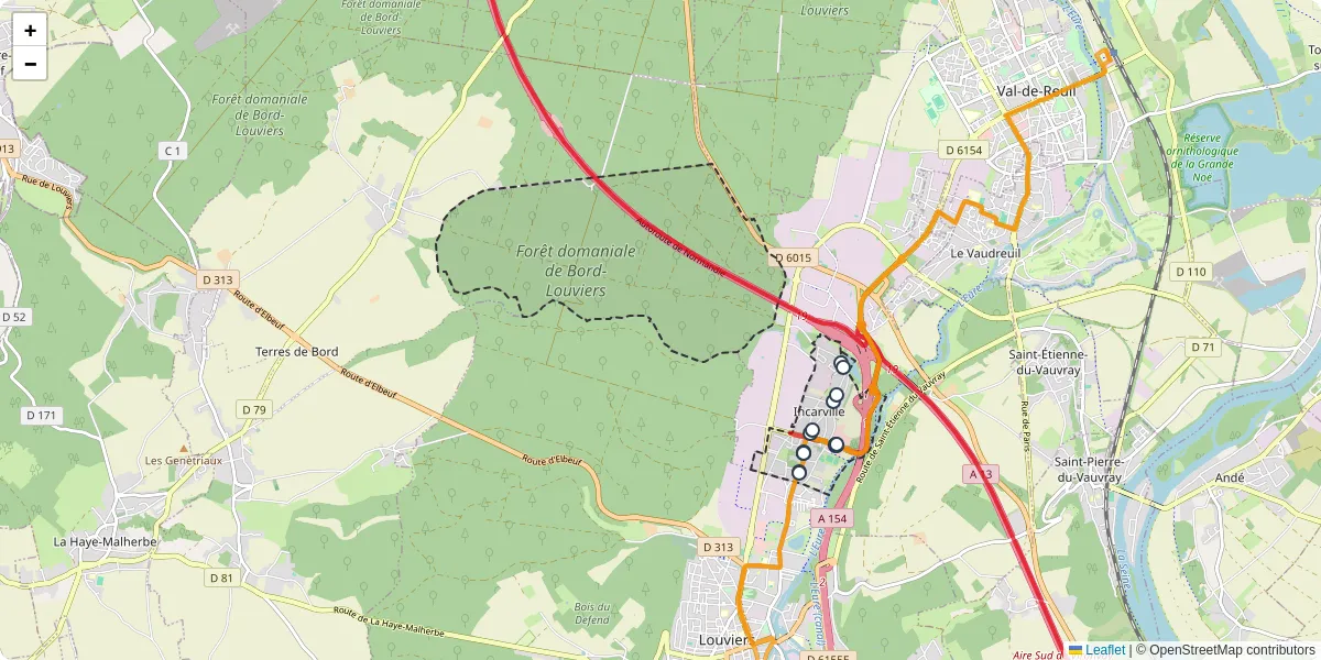 Carte du réseau de transport en commun à Incarville - lignes de bus et arrêts