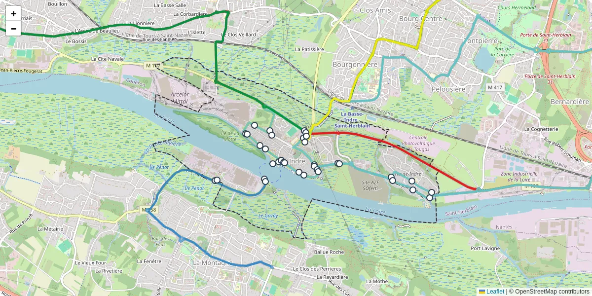 Carte du réseau de transport en commun à Indre - lignes de bus et arrêts