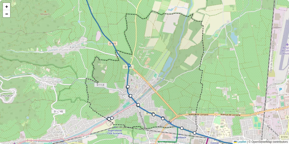 Carte du réseau de transport en commun à Ingersheim - lignes de bus et arrêts