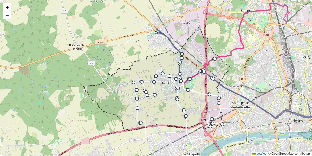 Carte du réseau de transport en commun à Ingré - lignes de bus et arrêts