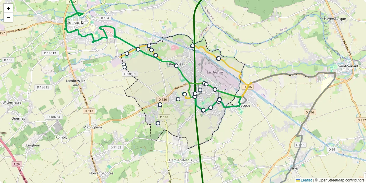 Carte du réseau de transport en commun à Isbergues - lignes de bus et arrêts