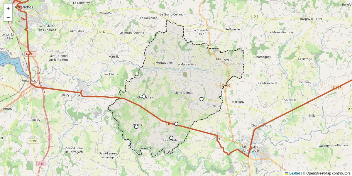 Carte du réseau de transport en commun à Isigny-le-Buat - lignes de bus et arrêts