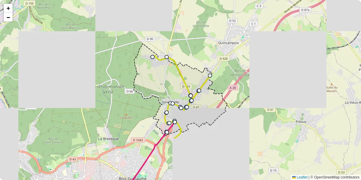 Carte du réseau de transport en commun à Isneauville - lignes de bus et arrêts