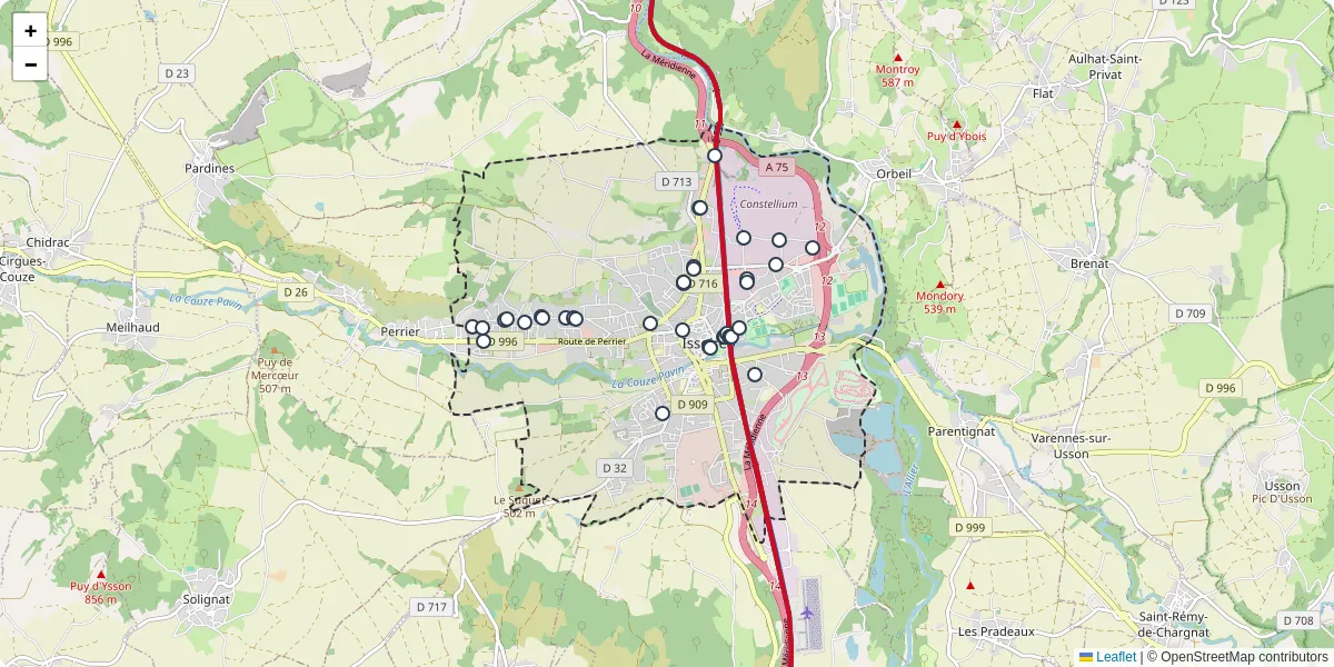 Carte du réseau de transport en commun à Issoire - lignes de bus et arrêts