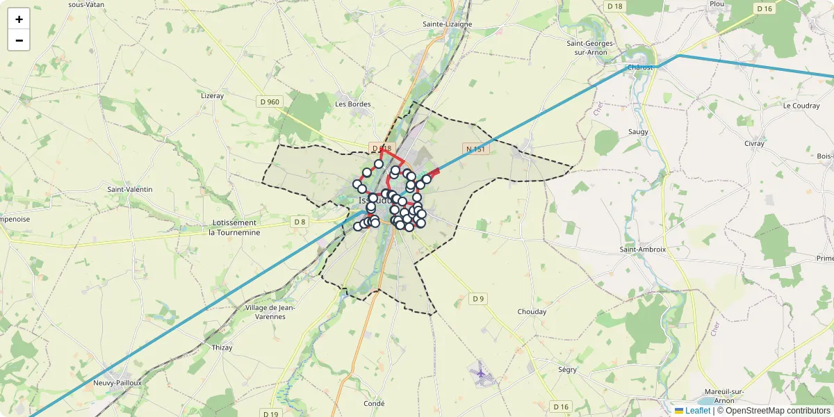 Carte du réseau de transport en commun à Issoudun - lignes de bus et arrêts