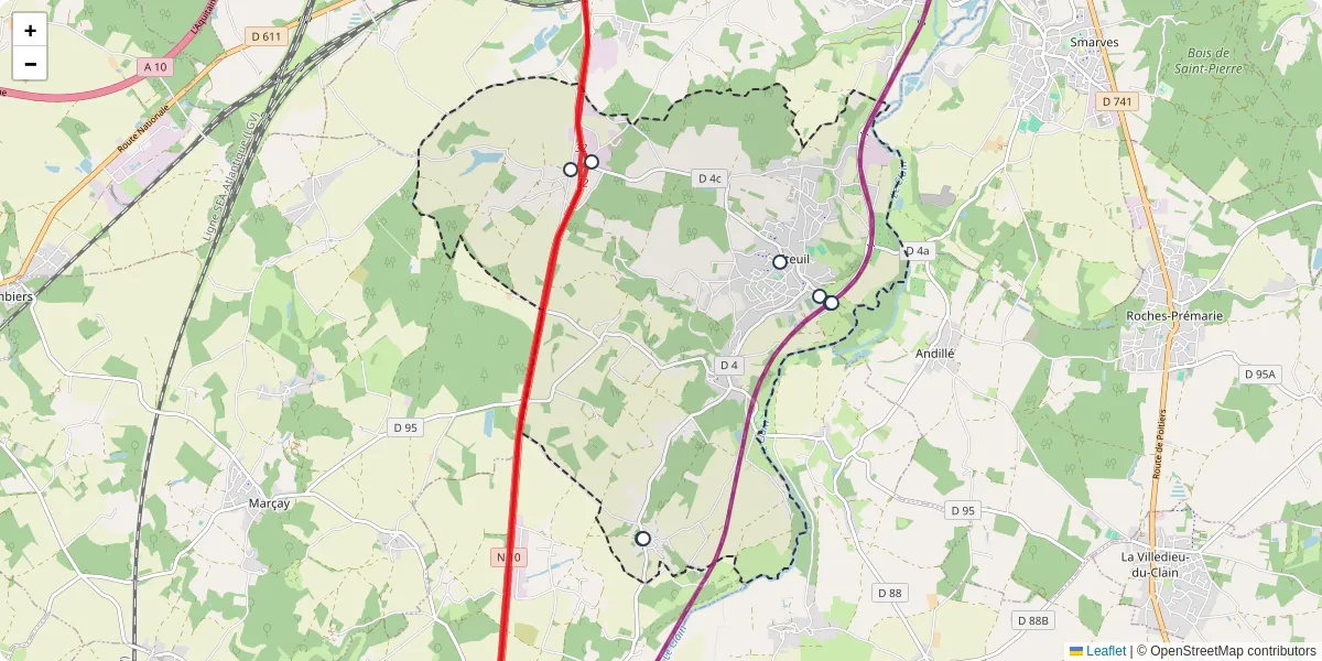 Carte du réseau de transport en commun à Iteuil - lignes de bus et arrêts