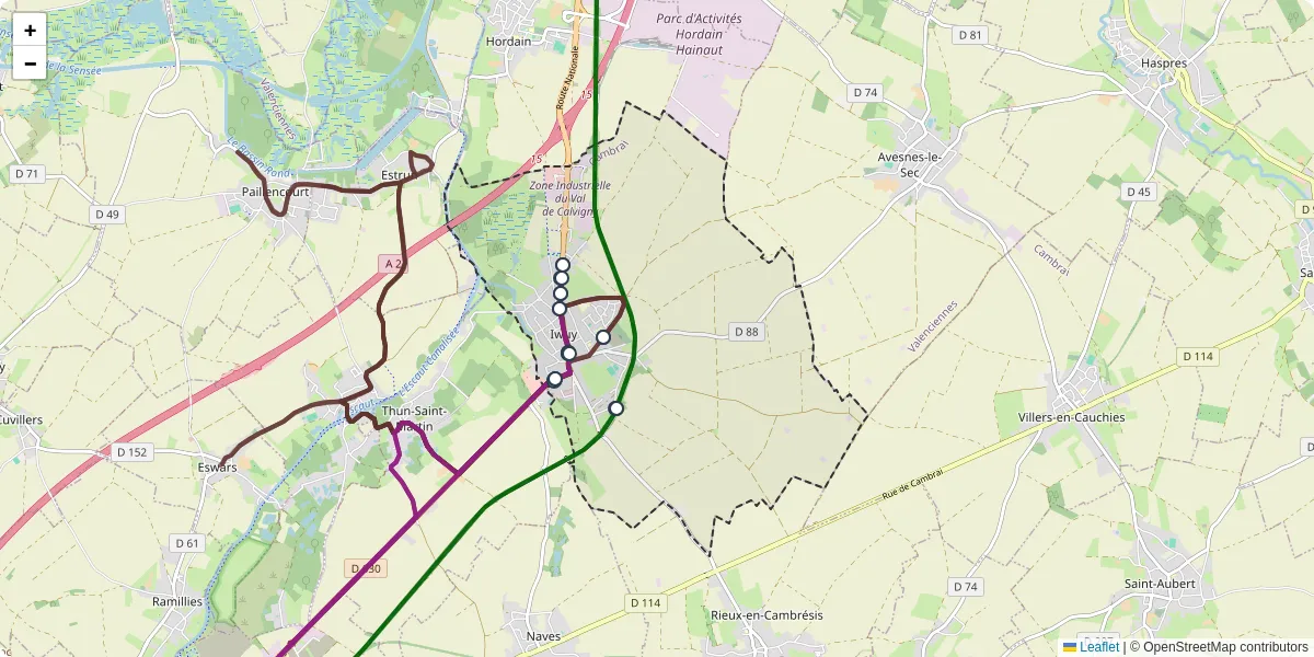 Carte du réseau de transport en commun à Iwuy - lignes de bus et arrêts
