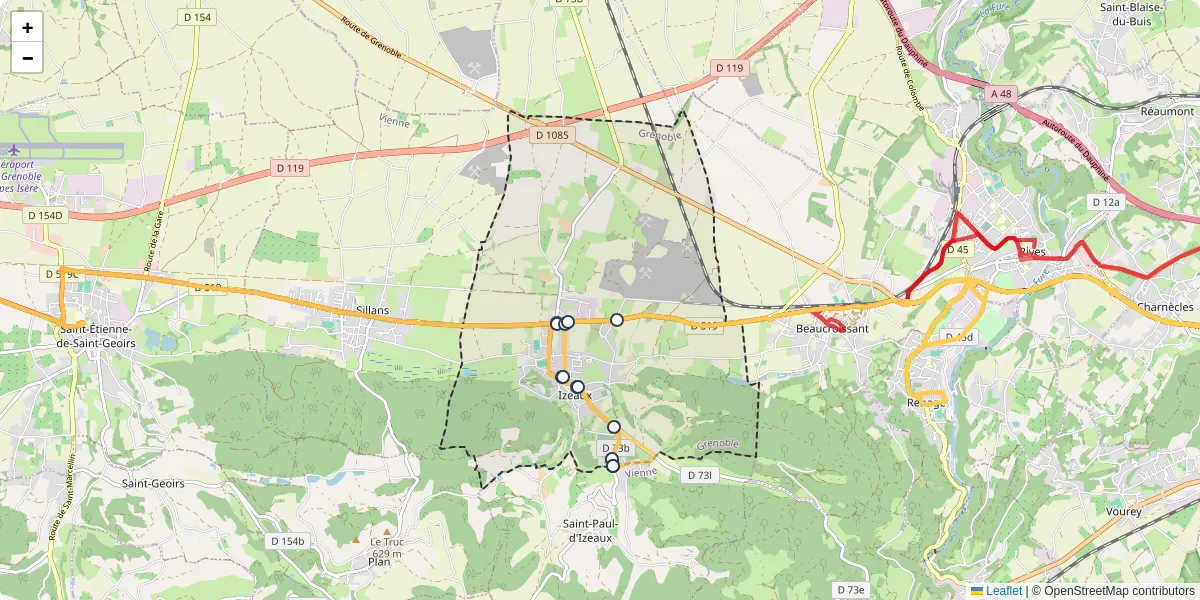 Carte du réseau de transport en commun à Izeaux - lignes de bus et arrêts
