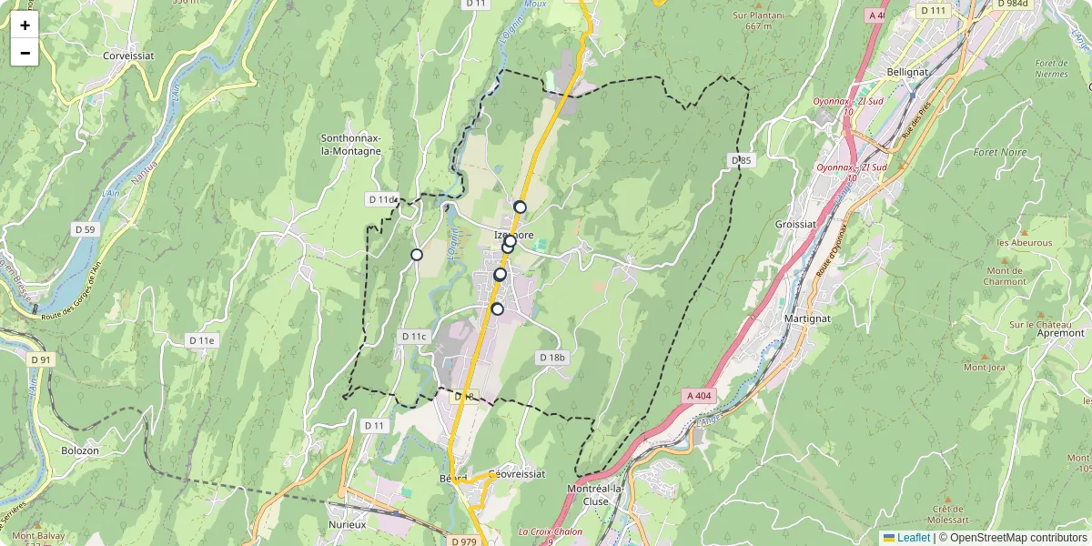 Carte du réseau de transport en commun à Izernore - lignes de bus et arrêts