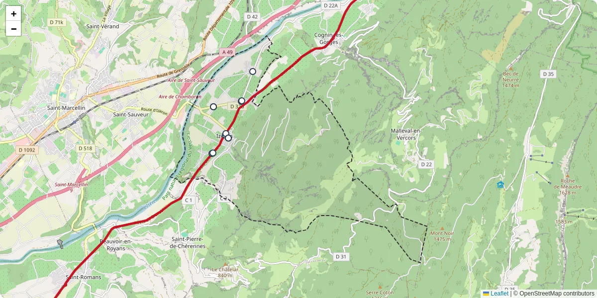 Carte du réseau de transport en commun à Izeron - lignes de bus et arrêts