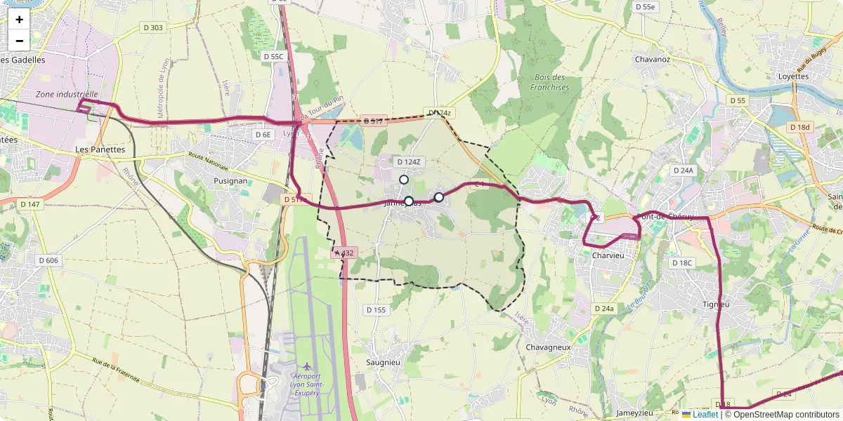 Carte du réseau de transport en commun à Janneyrias - lignes de bus et arrêts