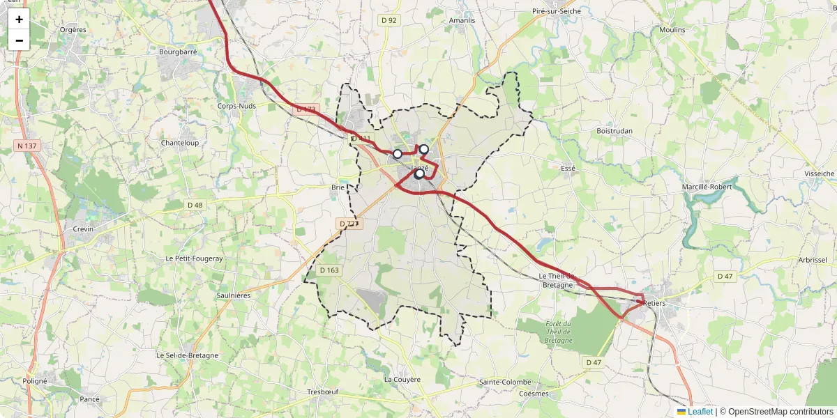 Carte du réseau de transport en commun à Janzé - lignes de bus et arrêts