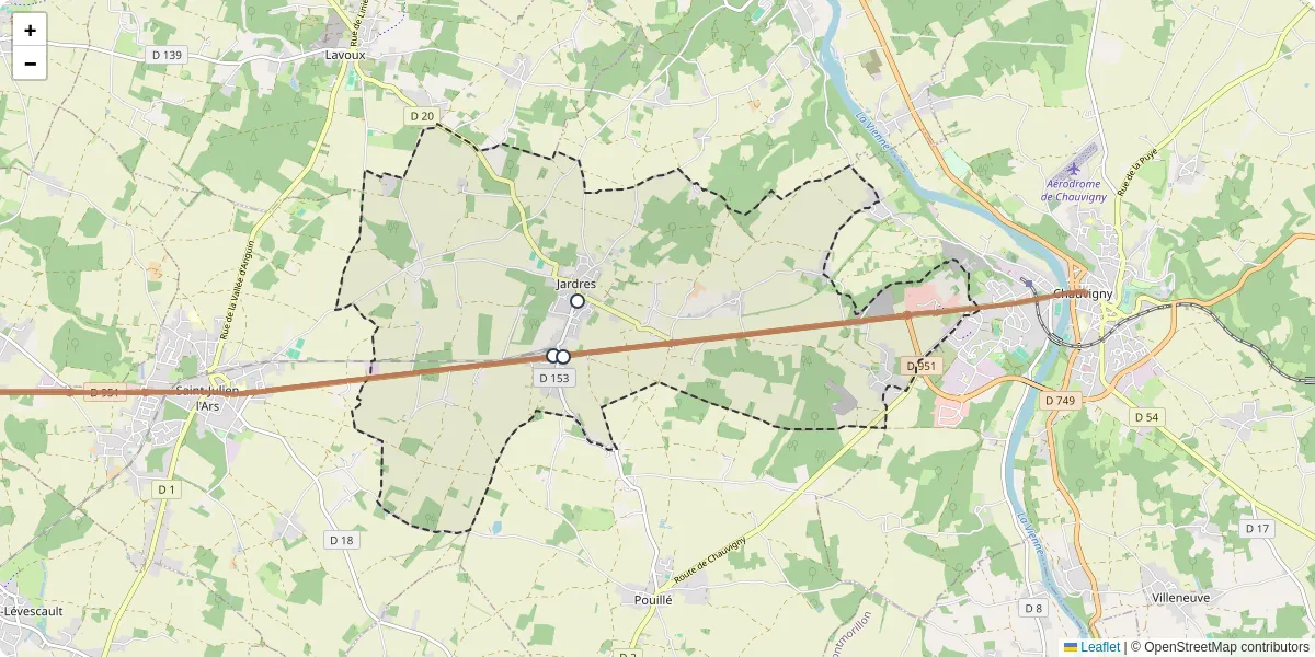 Carte du réseau de transport en commun à Jardres - lignes de bus et arrêts