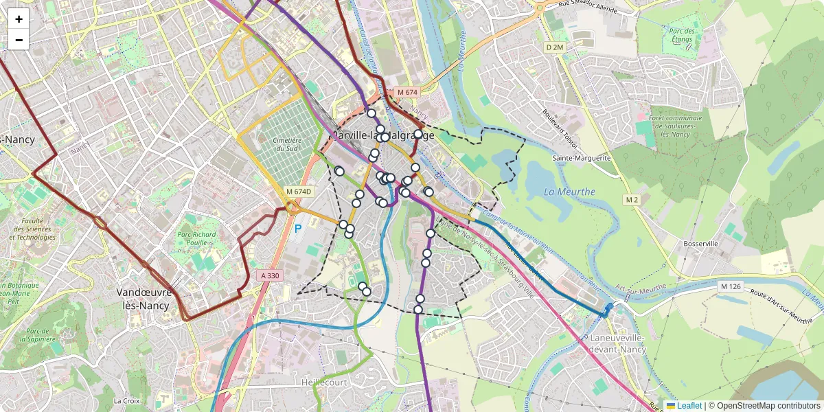 Carte du réseau de transport en commun à Jarville-la-Malgrange - lignes de bus et arrêts