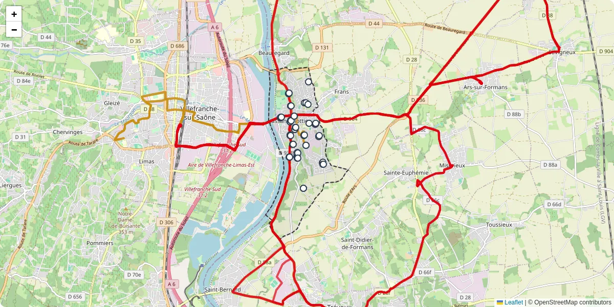Carte du réseau de transport en commun à Jassans-Riottier - lignes de bus et arrêts