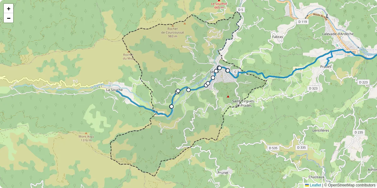 Carte du réseau de transport en commun à Jaujac - lignes de bus et arrêts