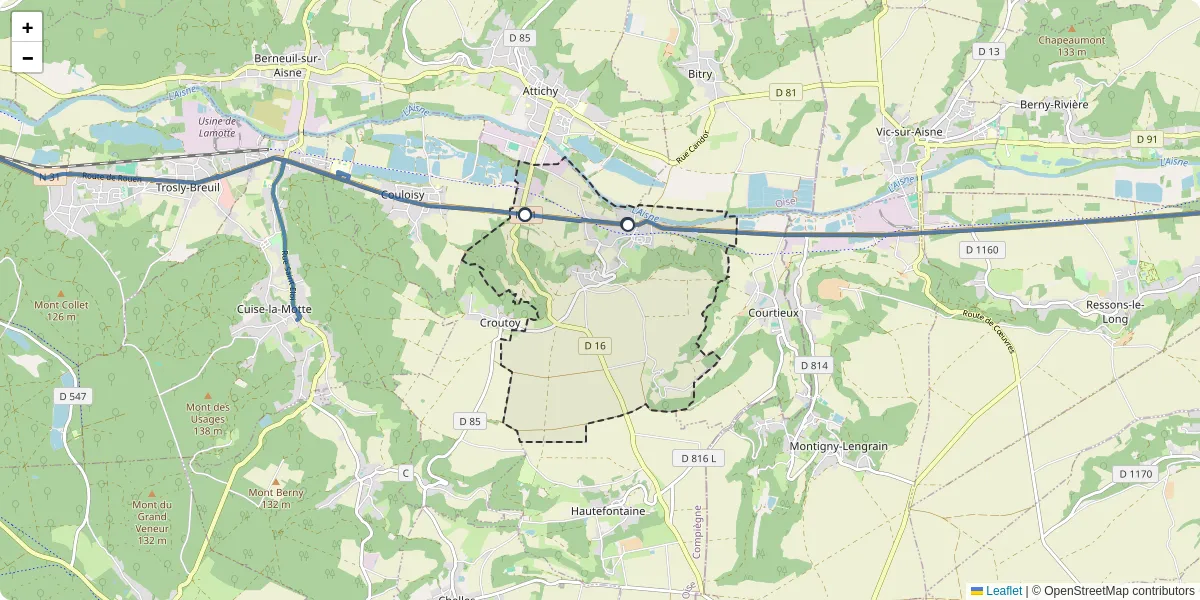 Carte du réseau de transport en commun à Jaulzy - lignes de bus et arrêts