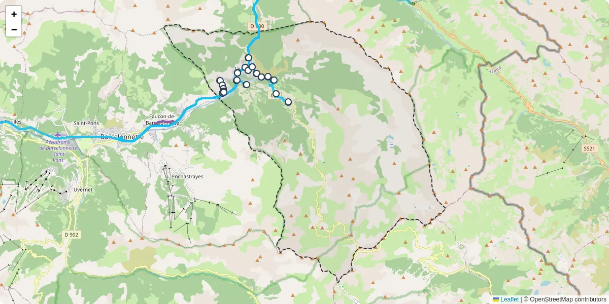 Carte du réseau de transport en commun à Jausiers - lignes de bus et arrêts