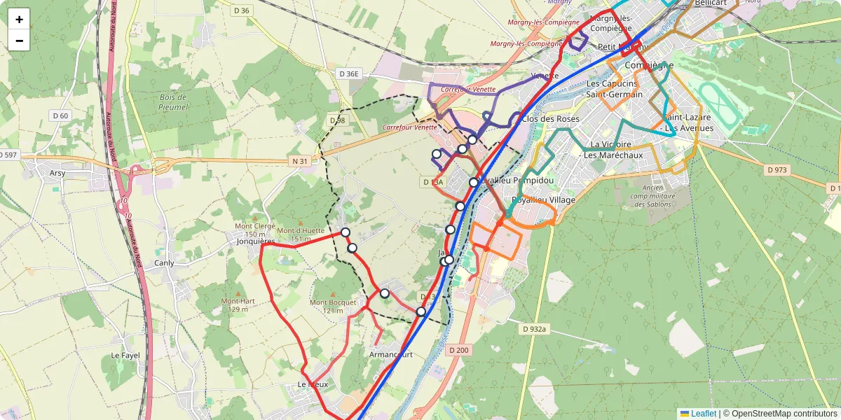 Carte du réseau de transport en commun à Jaux - lignes de bus et arrêts