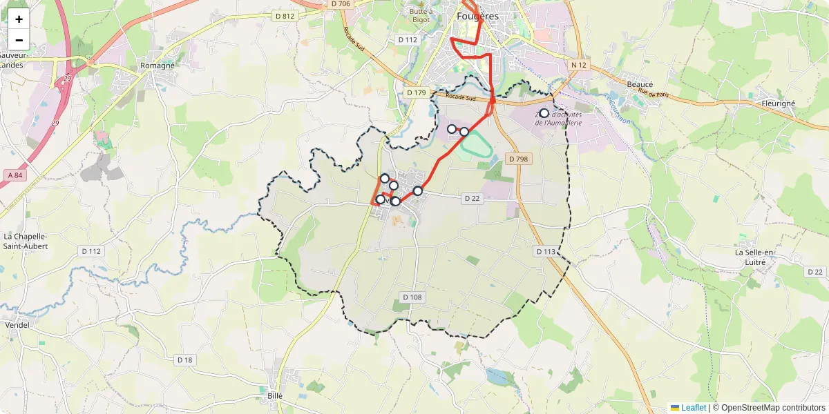 Carte du réseau de transport en commun à Javené - lignes de bus et arrêts