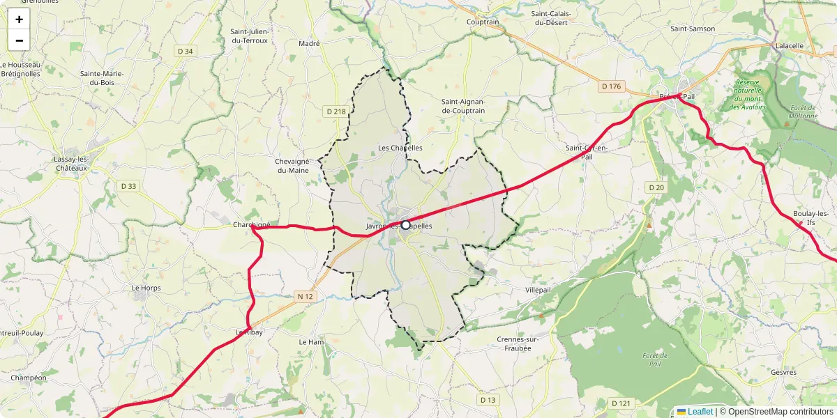 Carte du réseau de transport en commun à Javron-les-Chapelles - lignes de bus et arrêts