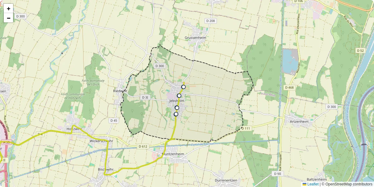 Carte du réseau de transport en commun à Jebsheim - lignes de bus et arrêts