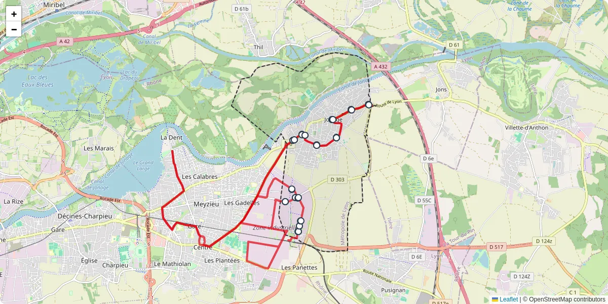 Carte du réseau de transport en commun à Jonage - lignes de bus et arrêts