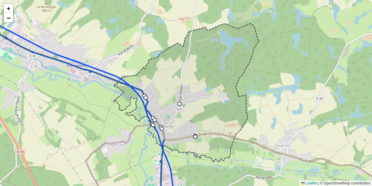 Carte du réseau de transport en commun à Joncherey - lignes de bus et arrêts