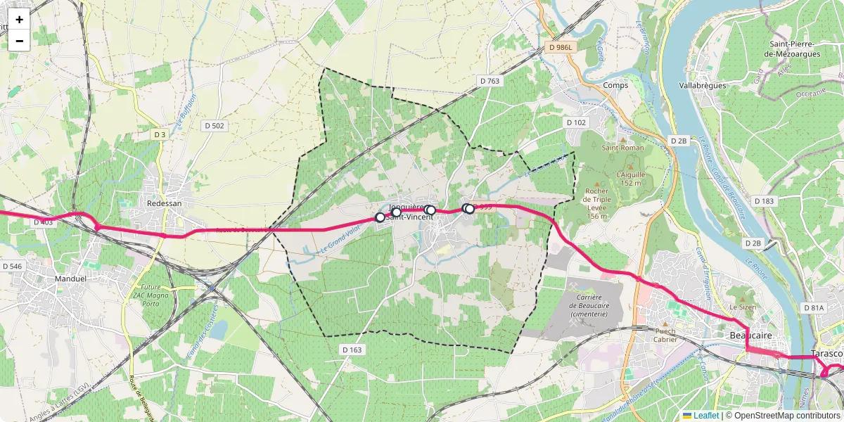 Carte du réseau de transport en commun à Jonquières-Saint-Vincent - lignes de bus et arrêts